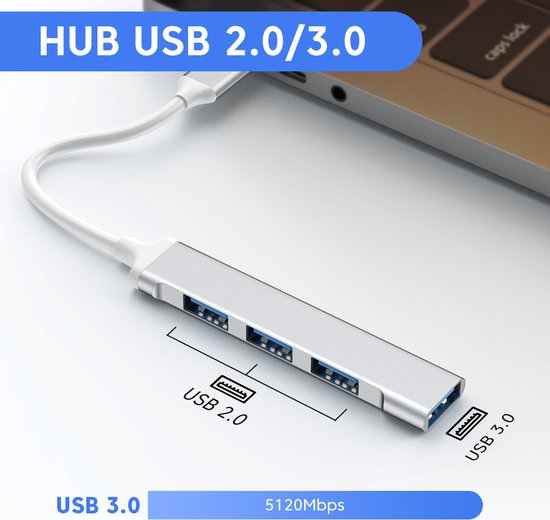 USB 3.0 Hub - USB Splitter - 4 extra USB 3.0 A Poorten - USB Hub - Kabel van 6 cm - 5 Gbps - Aluminium - Grijs