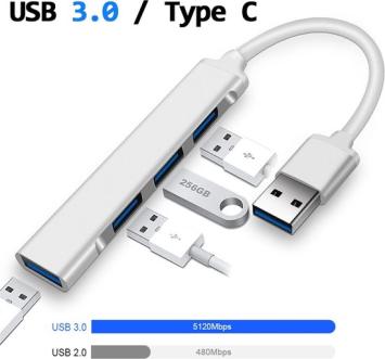 USB 3.0 Hub - USB Splitter - 4 extra USB 3.0 A Poorten - USB Hub - Kabel van 6 cm - 5 Gbps - Aluminium - Grijs